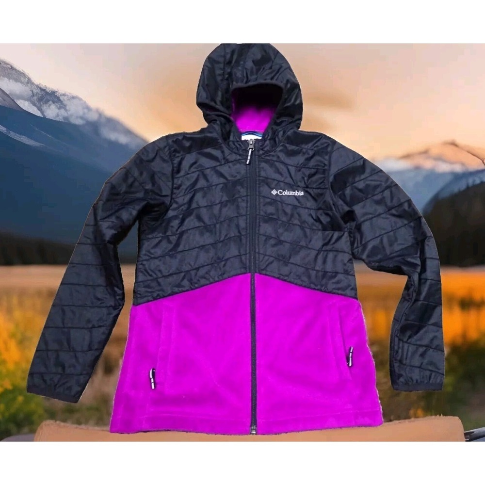 Columbia Hybrid Fleece Jacket Girls Medium Black Purple Excellent Hooded Puffer‎